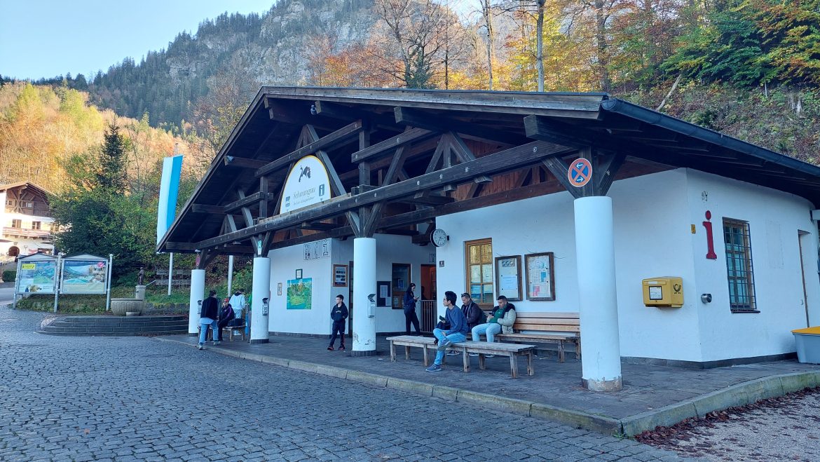 bus-station-hohenschwangau-neuschwanstein-castle-bavaria-germany bus station in hohenschwangau in autumn for neuschwanstein castle, bavaria-germany