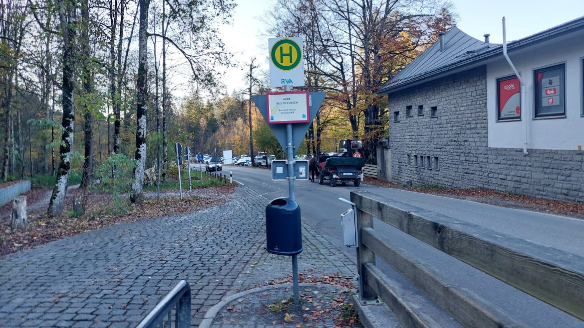 bus-stop-hohenschwangau-neuschwanstein-castle-bavaria-germany bus stop in hohenschwangau for buses to fussen train station and munich neuschwanstein, bavaria-germany