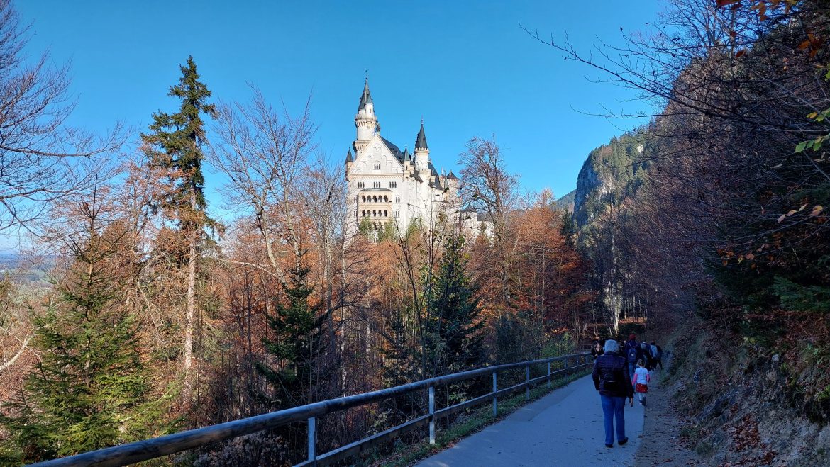 neuschwanstein-castle-autumn-view-from-hiking-bavaria-germany autumn view of neuschwanstein castle from hiking trail surrounded by colorful foliage, bavaria-germany