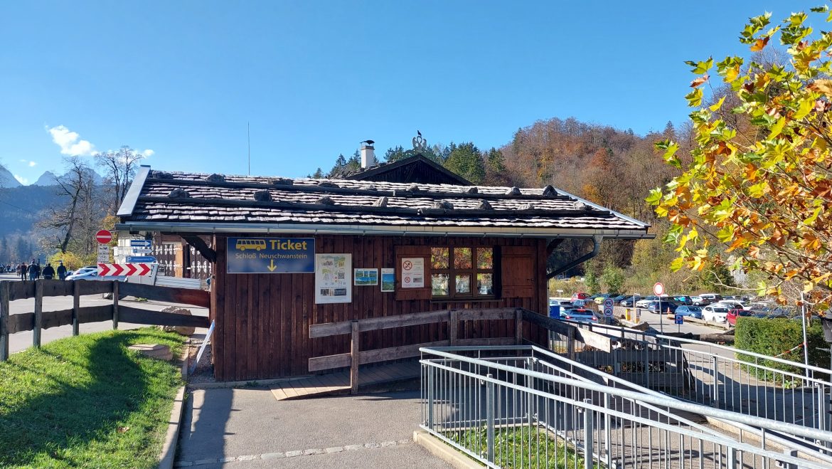 ticket-office-bus-neuschwanstein-castle-hohenschwangau-bavaria-germany ticket office for shuttle bus to neuschwanstein castle hohenschwangau autumn sunny day, bavaria-germany