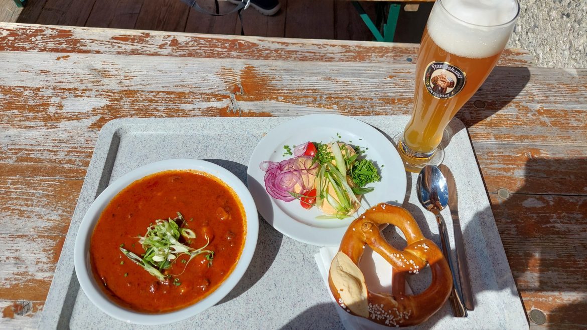 goulash-bretzn-obatzda-beer-sonnalpin-zugspitze-bavaria-germany Bavarian goulash, pretzel, Obatzda, and beer at Sonnalpin, Zugspitze, Bavaria