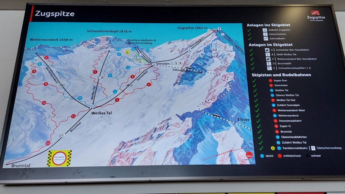 map-zugspitze-cable-cars-skiing-bavaria-germany Digital map of Zugspitze cable cars and skiing areas in Bavaria, Germany