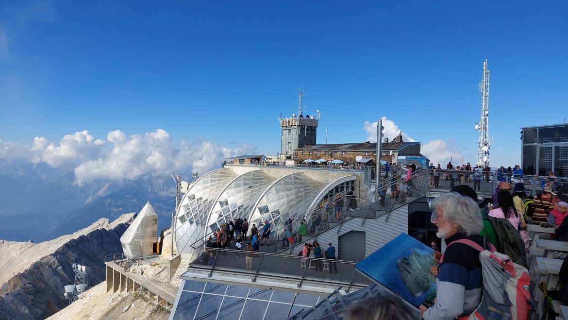 zugstpitze-top-bavaria-germany Zugspitze summit with glass buildings on the top platform, Bavaria, Germany